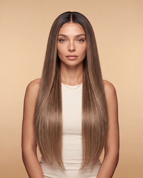 Model wearing the Celine bronde balayage straight wig