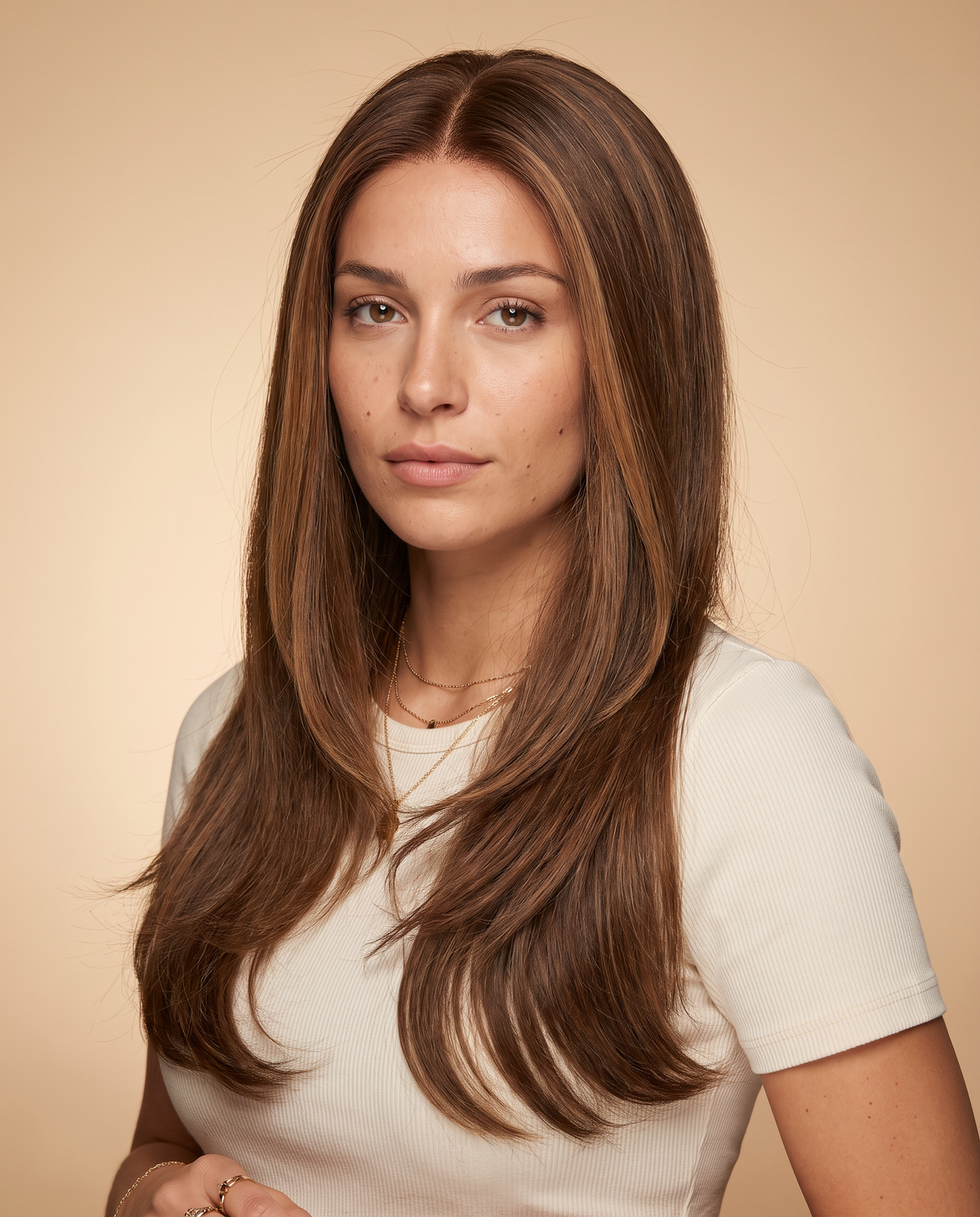 Model wearing the Camille caramel brunette layered wig