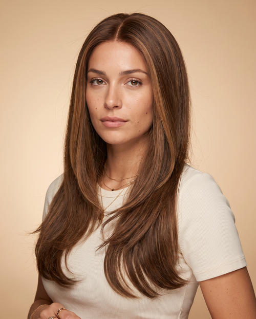Model wearing the Camille caramel brunette layered wig