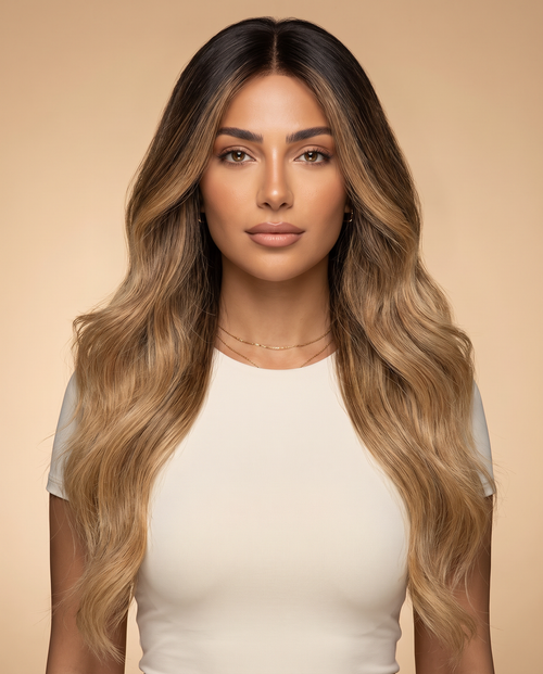 Model wearing the Dalia golden ombre body wave wig