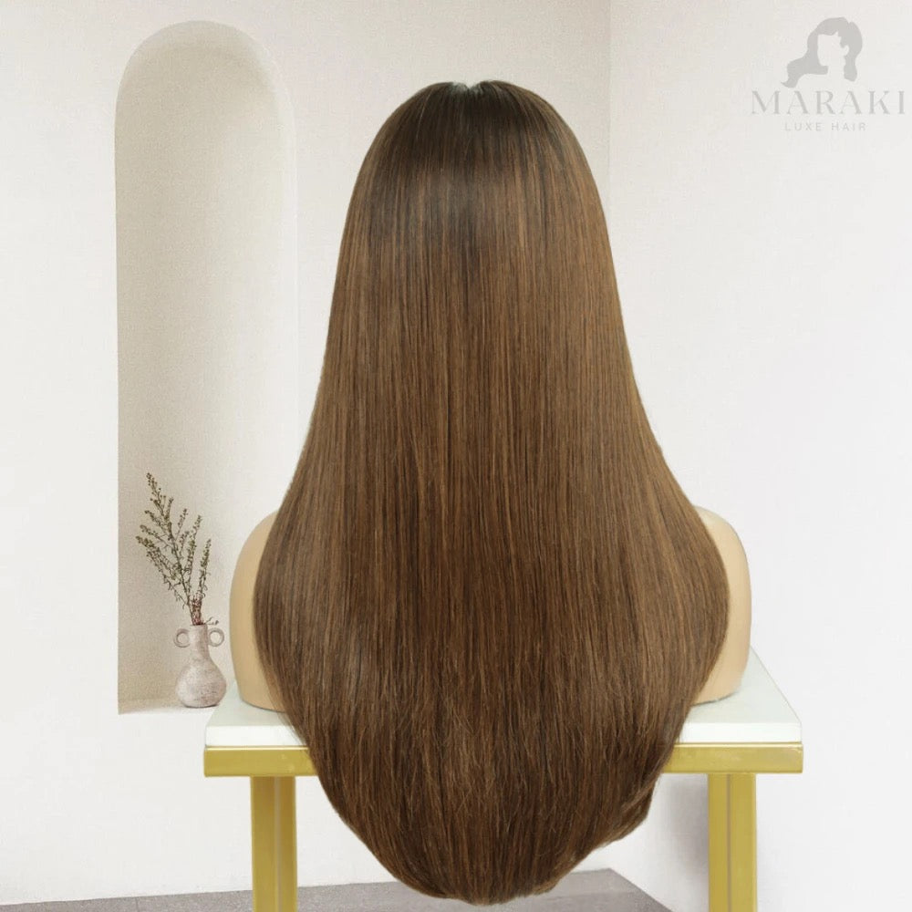 Camille caramel brunette layered wig, back